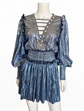 RAISA VANESSA | Metallic Blue Silver Pleated Mini Dress Crystal Button XS 34 NWT